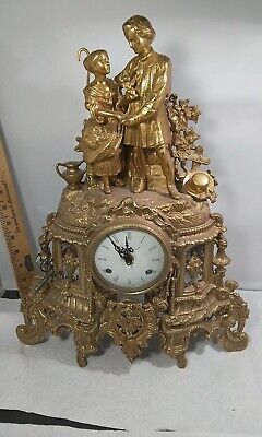 Vint  Ornate Imperial Italian Mantle 3 Piece Brass ROMANTIC Porcelain Clock Set