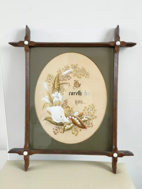 Antique Arts & Crafts Oak Oxford Picture Frame With Handpainted Religious Quote