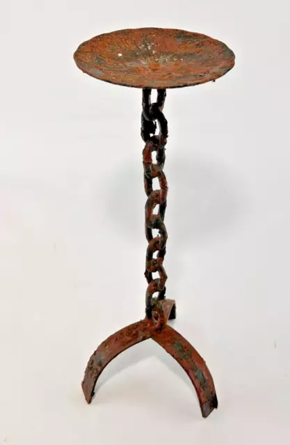 Hand Crafted Brutalist Wrought Iron Chain Candle Holder Primitive Black 15" x 6"