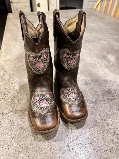 Roper Girls' Heart Leather Square Toe Brown Cowgirl Boots Kids/Girls Size 11