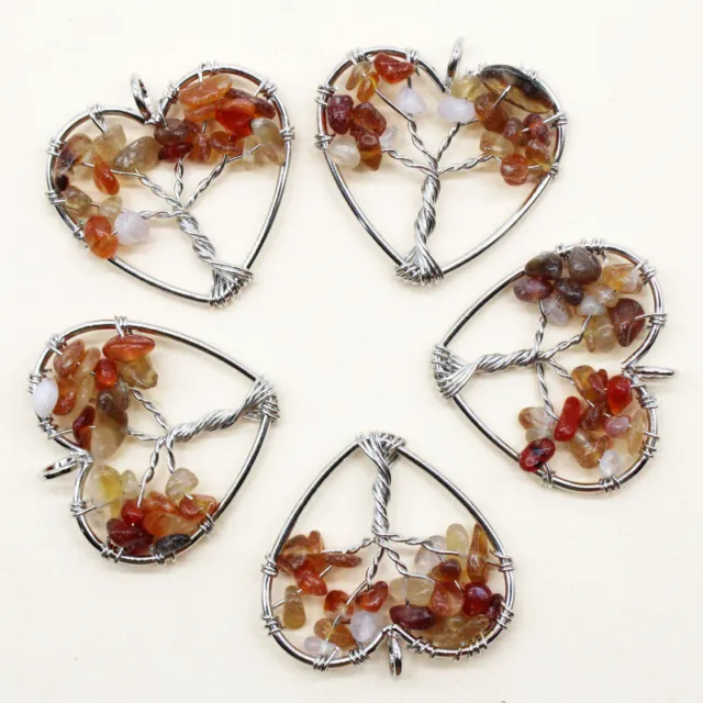 12pcs Natural Red Agate Stone Heart Tree of Life Wire Wrapped Pendants 30mm