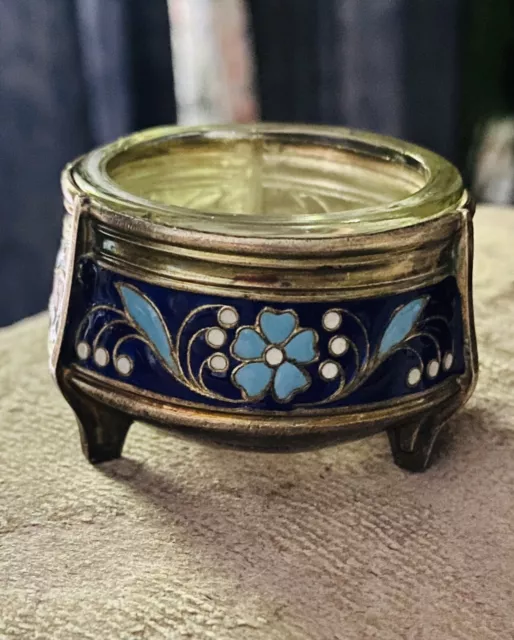 Russian Enamel Footed Decorated Silver Salt Cellar  Signed Blue Flowers Enamel