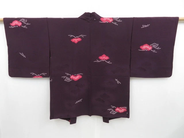 3509T12z510 Vintage Japanese Kimono Silk HAORI Pine Dark purple