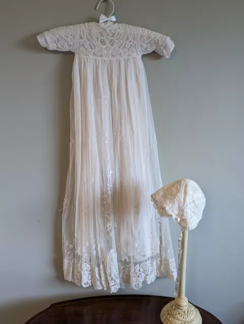 Antique Vintage Princess Tape Lace Baptismal Christening Gown Dress Slip  Bonnet