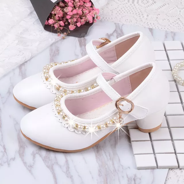 Kids Girls Buckle Strap High Heels Sweet Princess Pearl Shoes Party Dance Pumps