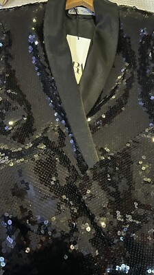 Zara Black Mini Sequin Wrap Embellished Dress Blazer Jacket Frock S Trinny