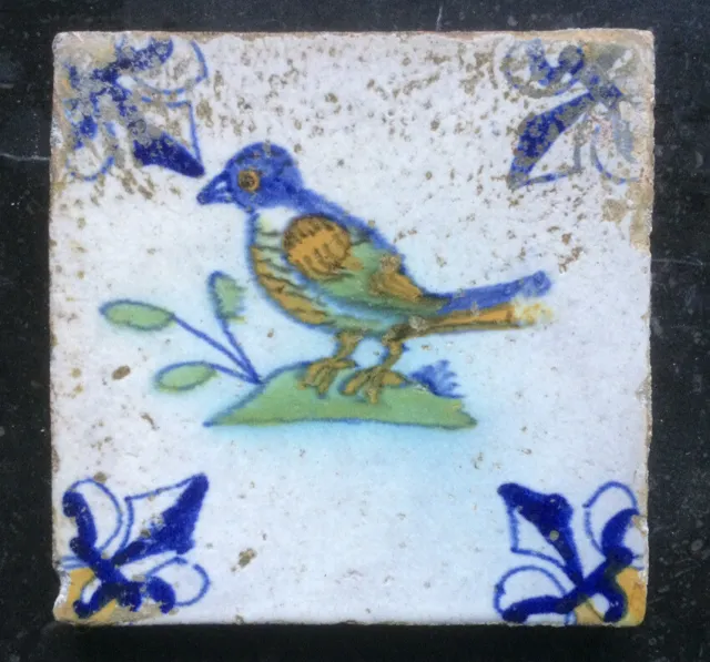 Antique Dutch Delft Maiolica Tile Bird Polychrome Circa 1625-1650