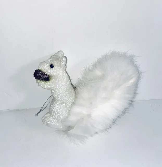 New Pier 1 White Squirrel With Pinecone Ornament / Figurine Soft Fluffy Tail