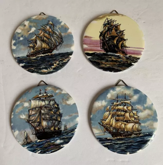 H & R Johnson Made In England Ceramic Coaster Hanging Tiles Set 4 Sailing Ships