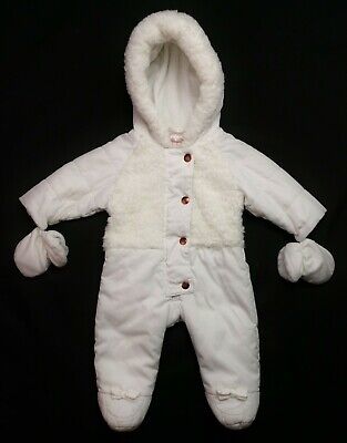 Baby GIRLS TED BAKER Ivory Faux Fur Snowsuit Pramsuit with Mitts 3-6 Months VGC
