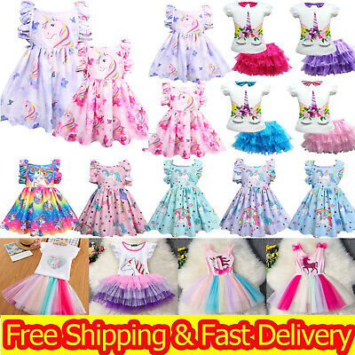 Girls Unicorn Dress Kids Party Tutu Dresses Princess Summer Holiday Birthday UK