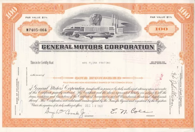 1969 General Motors Corporation Stock Certificate GMC 100 Shares