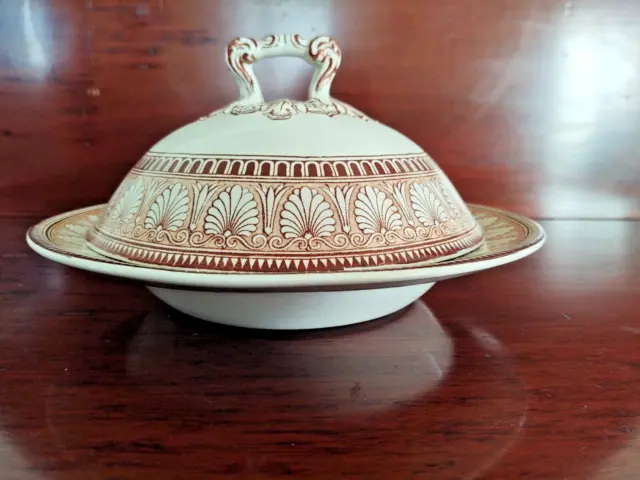 Antique 10" dia. MUFFIN DISH & LID Copeland Spode Honeysuckle Brown mid-1800s