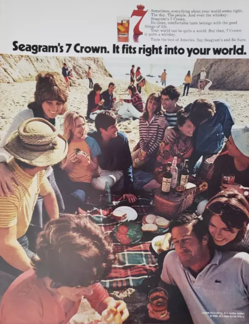 PRINT AD Seagrams 7 Crown Whiskey 1971 10.5x13 Beach Picnic Party