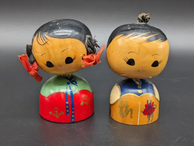 Vintage Korean Kokeshi Dolls Boy Girl Bobble Head Nodder Wood