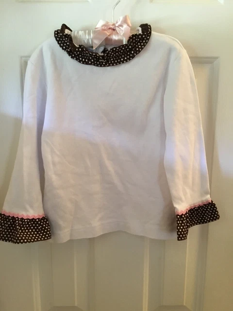 EUC Girl’s Sz. 5 Long Sleeve White Knit Top w/Brown Polka Dot Trim, BIN