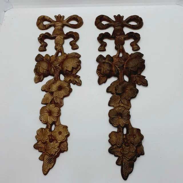 Pair Vtg BRASS Wall Decoration Rope Bow Flowers Made In India Heavy 12" Long