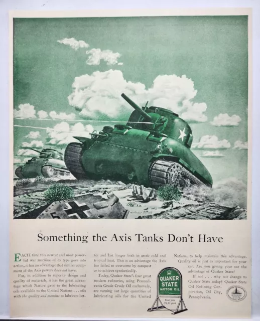 1943 Quaker State Motor Oil Axis Tanks Vintage WWII Print Ad Man Cave Art Deco