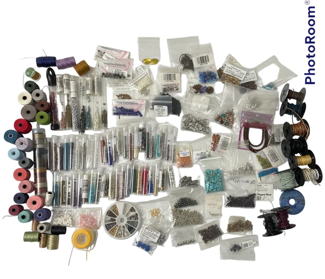 Large Lot of Jewelry Making Supplies Small Beads Thread Colorful Cord Leather