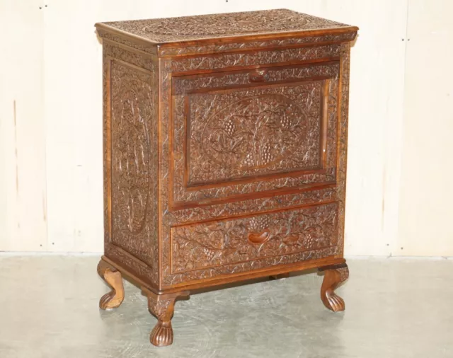 Antique Ornately Carved British Colonial Burmese Drinks Cabinet Bar With Key