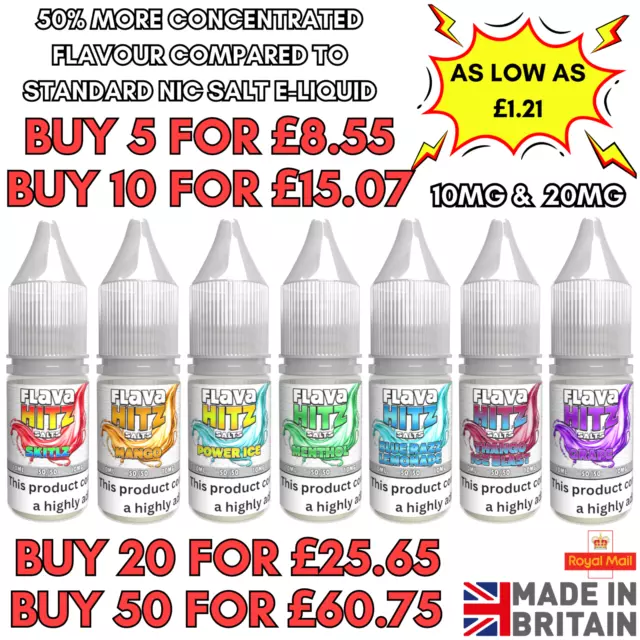 10ml E Liquid Nic Salts  Flava Hitz 50/50 Vape Juice Bar Salts 10mg, 20mg