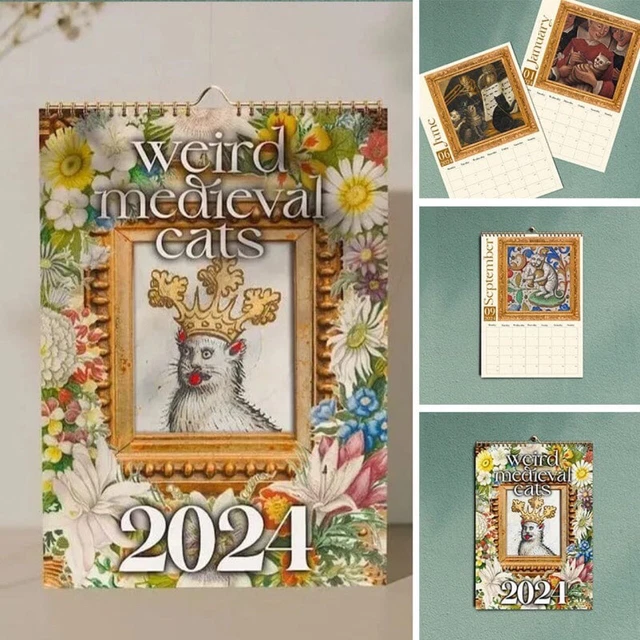MEDIEVAL CAT CALENDAR 2024 Creative Ugly Cat Monthly Wall Calendar Cat