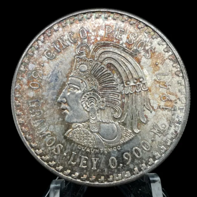 Moneda de plata azteca 1947 México 5 ""cinco"" pesos, gran 30 g Cuauhtémoc, gema unc. #3 3