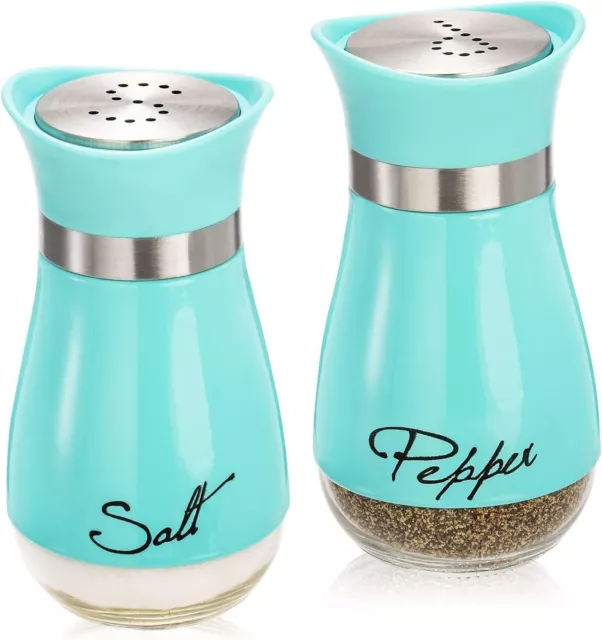 4 Ounces Set Teal Stainless Steel Salt and Pepper Shakers with Glass Bottom NEW