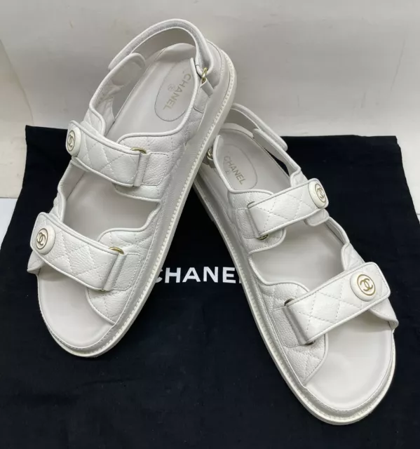 CHANEL 21C WHITE Caviar Gold CC Logo Mule Slide Strap Flat Teva Dad Sandal  42C $1,599.95 - PicClick