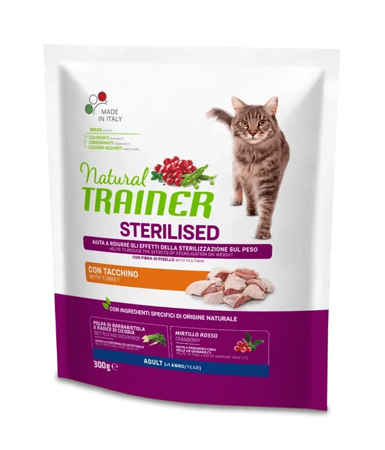 x12 Natural Trainer Cibo Secco Gatto Sterilizzato Sterilised Adult co tacchino