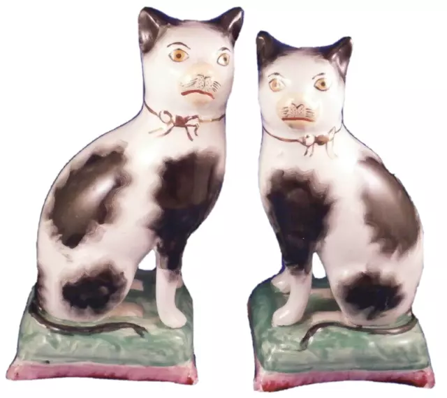 Pair Antique 19thC Staffordshire Creamware Cat on Pillow Figurine Figure English