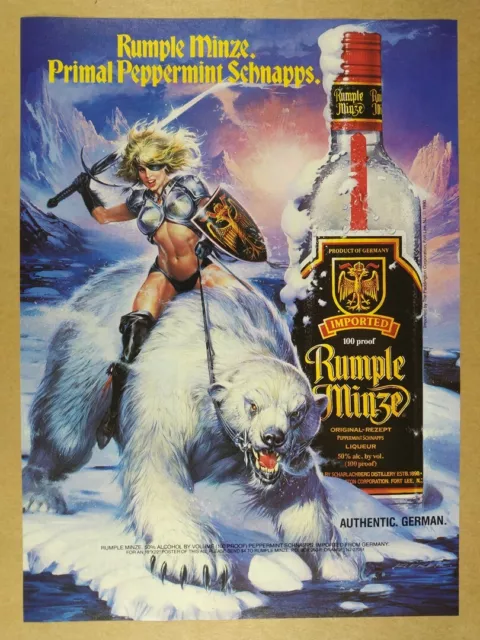 1990 Rumple Minze Schnapps warrior woman polar bear art vintage print Ad