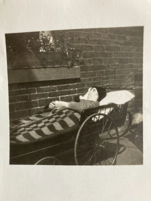 Vintage Snapshot Photo Creepy Dead Post Mortem Woman Wheeled Bed Rose On Chest