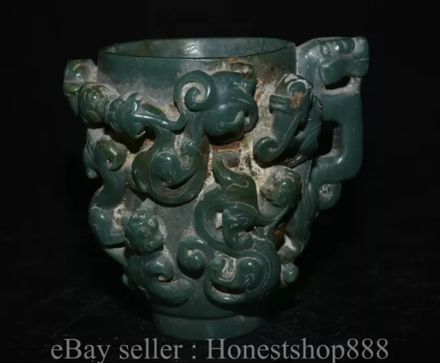 5.6” Rare Old Chinese Green Jade Carving Dynasty Pixiu Beast Cann Goblet