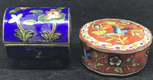 Lot Of 2 Antique Chinese Cloisonne Enamel Duck Flowers Box & Porcelain Asian Box