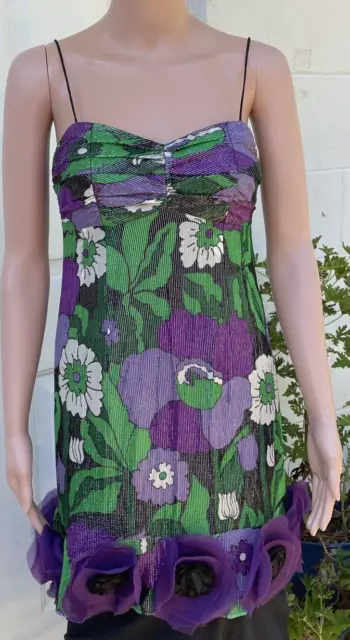 Nanette Lepore Silk Floral Print Spaghetti Strap Dress Purple Green Size 2