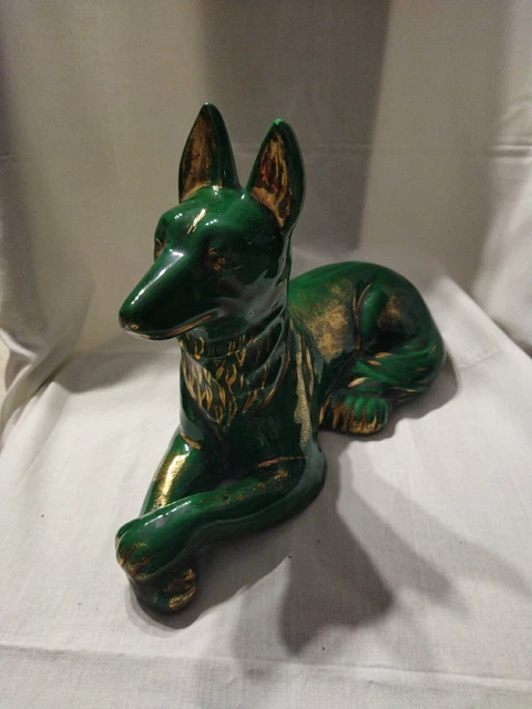 Chien Céramique Vert Rehaussé Doré XXème Berger Allemand