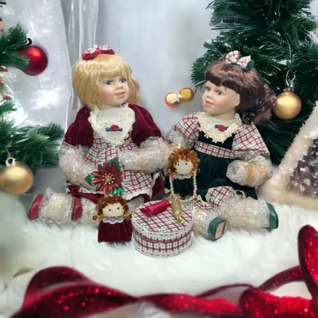 2 Heritage Signature Collection Porcelain Dolls Christmas Vtg 9" Red Green New