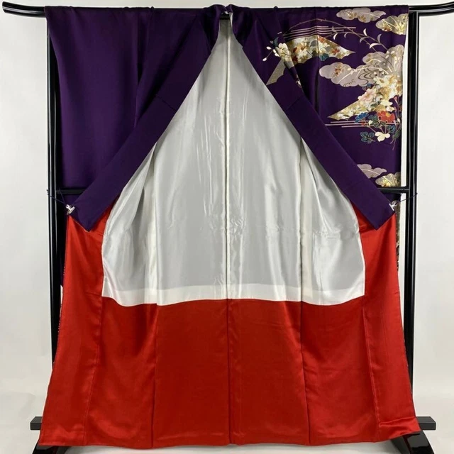 Japanese Kimono Furisode Pure Silk Dark Purple Silver Peony Grass Flower