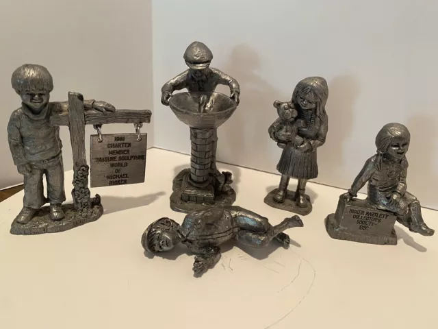 Michael Ricker Pewter 5 Figurines Girl Boy Fountain Teddy Bear Charter Member