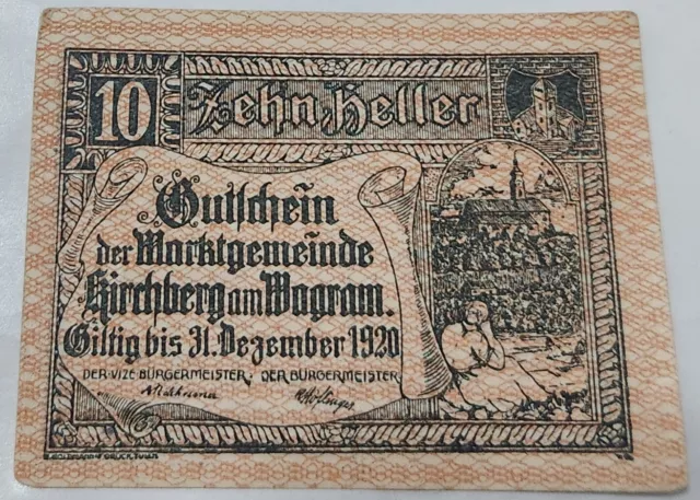 Kirchberg Am Wagram (Austria) 🇦🇹 Ten (10) Heller Banknote (Notgeld) 1920