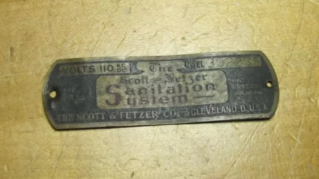Scott & Fetzer Sanitation System Cleveland O Usa Original Old Tag Nameplate Sign