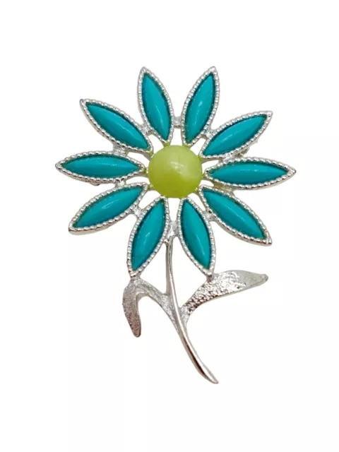 Vintage Sarah Coventry Signed Turquoise & Lime Daisy Flower Pin Brooch