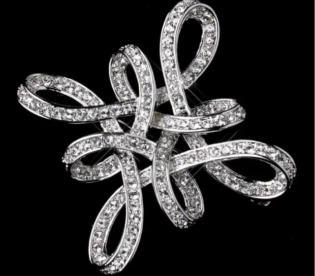 2" Vintage Look Silver Tone Chinise Knot Diamante Rhinestone Crystal Brooch Pin