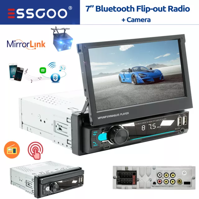 7" Single 1 DIN Car Radio Stereo Bluetooth Player Flip-out Touch Screen Camera