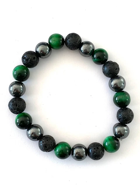 Bracelet Cuir Avec Perles Œil De Chat Vert - Style Steampunk - Taille 16-18 Cm - Neuf Fabriqué En France