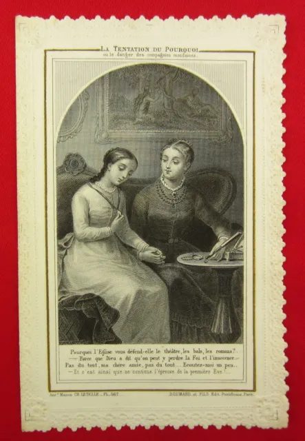 Antique DANGER OF WORLDLY COMPANY Lace Holy Card Religious FRENCH Card Opens Up