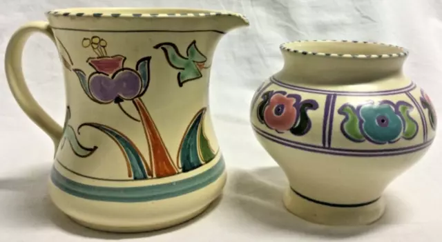 Vintage Honiton Devon Pottery Hand Painted Jug And Greek Shaped Pot/Vase