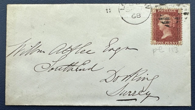 GB QV 1868 Envelope -  Penny Red SG43 Plate 113 to Dorking, Surrey