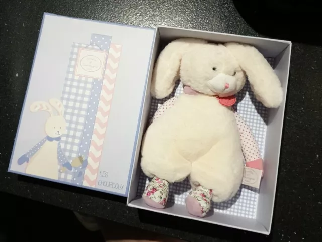 NEUF - Peluche Lapin Fourrure Doudou Et Compagnie Blanc Fleuri Rose Pois CHOUPI